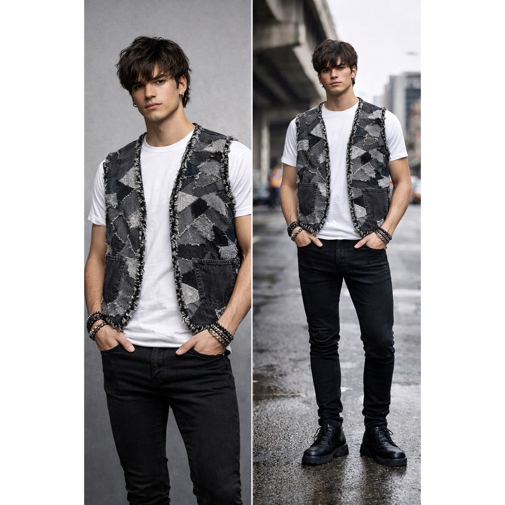 Handmade Patchwork Denim Vest Sz L Distressed Raw Hem Pockets Fringe Gray Unique
